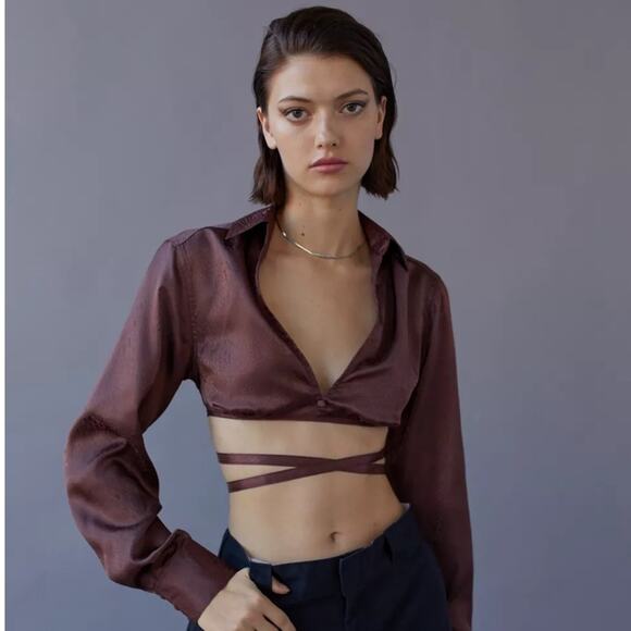 Urban Outfitters Hooked-Up Satin Cropped Top Adjustable Tie Waist Brown Size M - Picture 4 of 12